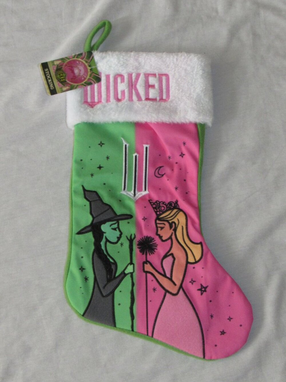 NWT Wicked Christmas Holiday Stocking Embroidered Elphaba Glinda Pink Green